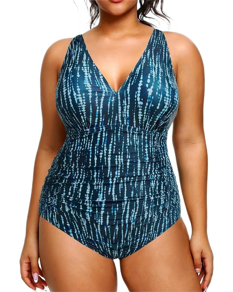 Women Plus Size One Piece Swimsuits V Neck Tummy Control Bathing Suits Retro Ruched Swimwear Green Tie Dye $17.50 Swimsuits