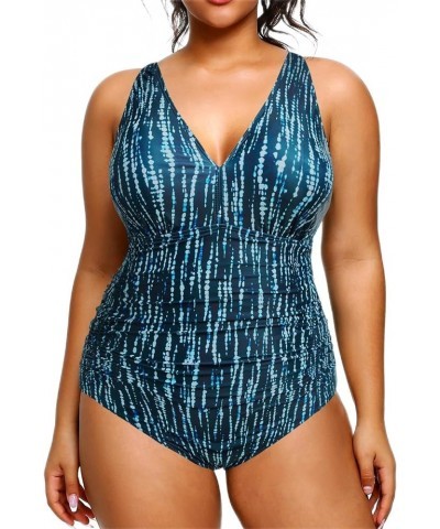 Women Plus Size One Piece Swimsuits V Neck Tummy Control Bathing Suits Retro Ruched Swimwear Green Tie Dye $17.50 Swimsuits