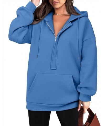 Womens Oversize Hoodies Basic Solid Sweatshirts Zip Collar Kangaroo Pockets Colorful Blue $10.39 Hoodies & Sweatshirts