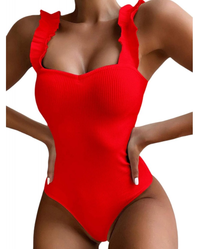 Women One Piece Tummy Control Swimsuit Sexy Ribbed Ruffle Strap Bathing Suit Red Medium $7.64 Swimsuits