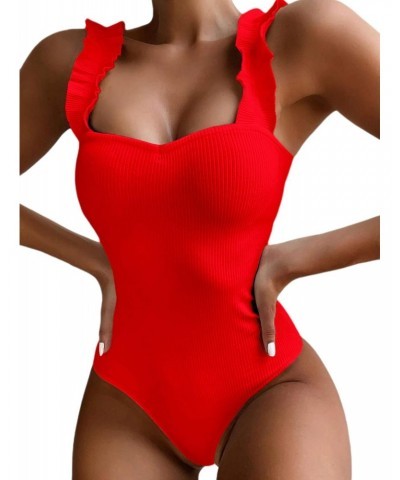 Women One Piece Tummy Control Swimsuit Sexy Ribbed Ruffle Strap Bathing Suit Red Medium $7.64 Swimsuits