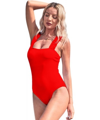 Women One Piece Tummy Control Swimsuit Sexy Ribbed Ruffle Strap Bathing Suit Red Medium $7.64 Swimsuits