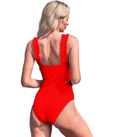 Women One Piece Tummy Control Swimsuit Sexy Ribbed Ruffle Strap Bathing Suit Red Medium $7.64 Swimsuits