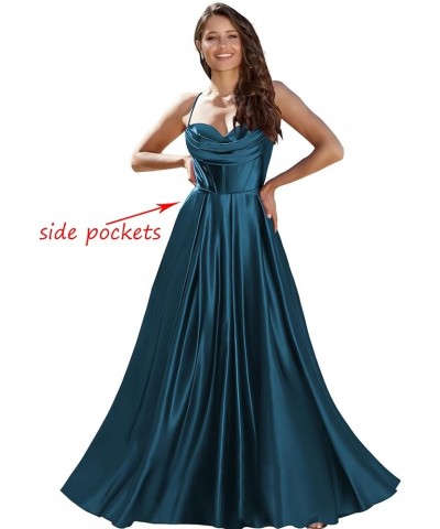 Women's Spaghetti Straps Cowl Neck Bridesmaid Dresses with Pockets Long Pleats Formal Dress YG254 Light Blue $33.14 Dresses