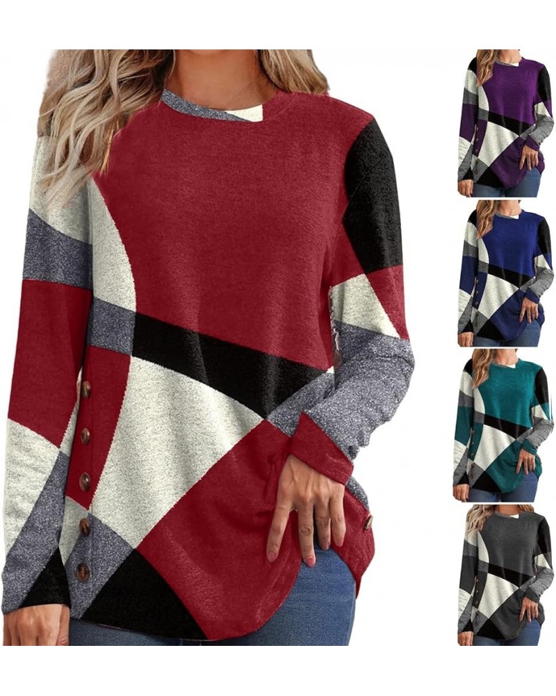 Women's Geometric Contrast Color Block Pullover Casual Long Sleeve Crewneck Shirts Plus Size Baggy Blouse A Button Style Gree...