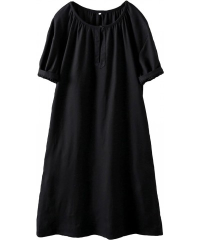 Women's Cotton Linen Dress Short Sleeve Midi Casual Plus Size Tunic Dress with Pockets Black $20.58 Dresses