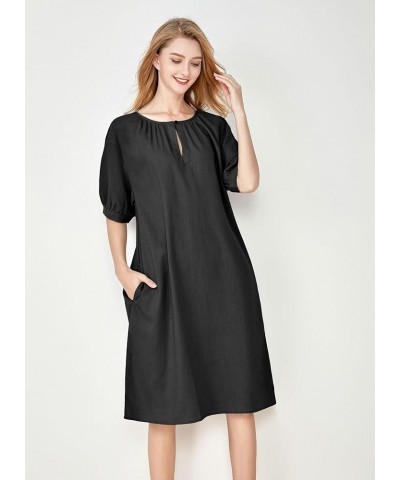 Women's Cotton Linen Dress Short Sleeve Midi Casual Plus Size Tunic Dress with Pockets Black $20.58 Dresses