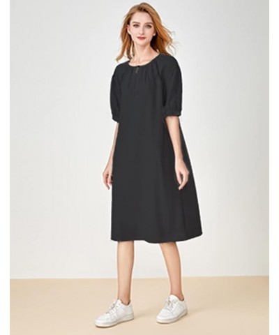 Women's Cotton Linen Dress Short Sleeve Midi Casual Plus Size Tunic Dress with Pockets Black $20.58 Dresses