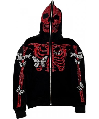 Y2k Hoodie Men Women Black Rhinestone Zip Up Hoodie Grunge Hooded Oversized Sweatshirt Harajuku Streetwear V-black Red $12.22...