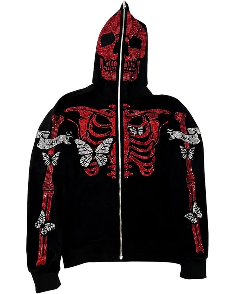 Y2k Hoodie Men Women Black Rhinestone Zip Up Hoodie Grunge Hooded Oversized Sweatshirt Harajuku Streetwear V-black Red $12.22...