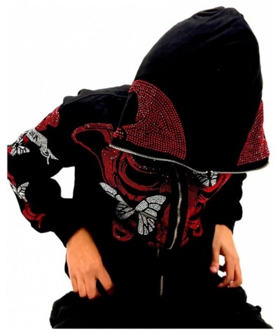 Y2k Hoodie Men Women Black Rhinestone Zip Up Hoodie Grunge Hooded Oversized Sweatshirt Harajuku Streetwear V-black Red $12.22...