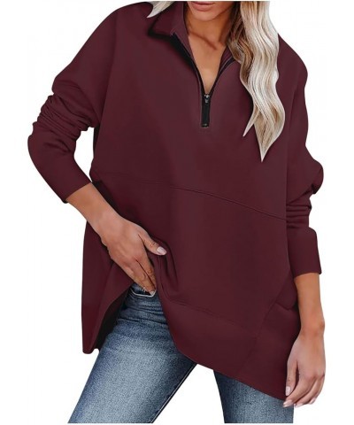 Half Zip Pullover Women Fall Solid Sweatshirts Loose Fit Long Sleeve Lapel Collar Trendy Tees Side Pockets Clothes A17-wine $...