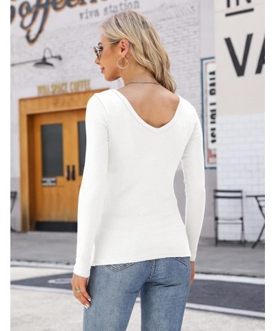 Amilia Women Sexy Long Sleeve Reversible Tops Ribbed Shirt Casual Essentials Basic Layer Tee Tops White $14.49 T-Shirts