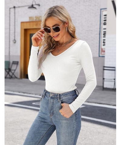 Amilia Women Sexy Long Sleeve Reversible Tops Ribbed Shirt Casual Essentials Basic Layer Tee Tops White $14.49 T-Shirts