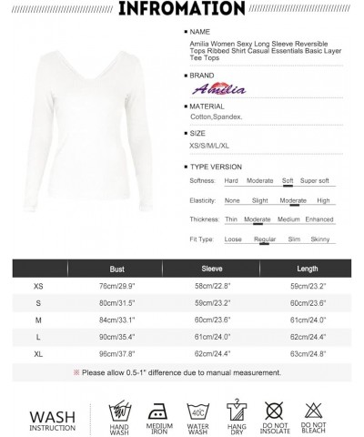 Amilia Women Sexy Long Sleeve Reversible Tops Ribbed Shirt Casual Essentials Basic Layer Tee Tops White $14.49 T-Shirts