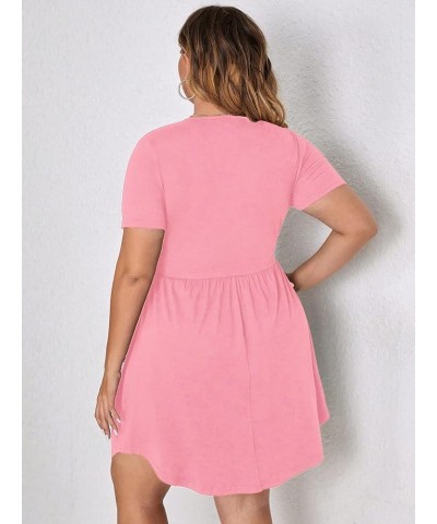 Women's Plus Size Button Front Short Sleeve Scoop Neck High Waist A Line Dress Solid Pink $19.37 Dresses