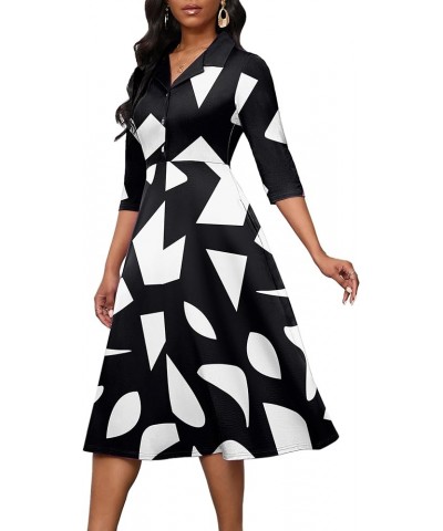 Women's Dress 3/4 Sleeves V Neck Cocktail Party Midi Dress High Waisted 2024 Formal Dress with Pocket White Dot $21.60 Dresses