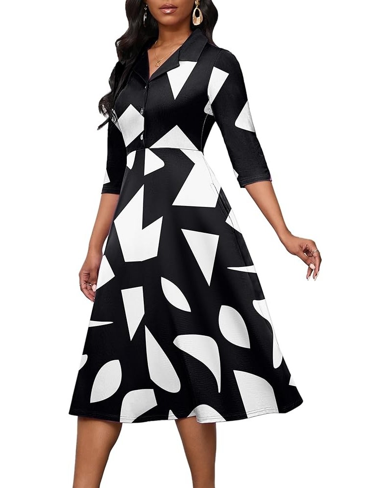 Women's Dress 3/4 Sleeves V Neck Cocktail Party Midi Dress High Waisted 2024 Formal Dress with Pocket White Dot $21.60 Dresses