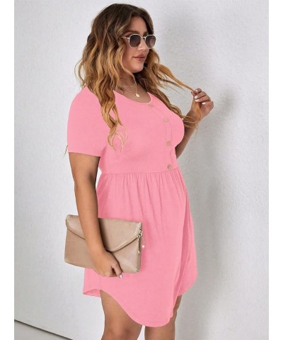 Women's Plus Size Button Front Short Sleeve Scoop Neck High Waist A Line Dress Solid Pink $19.37 Dresses