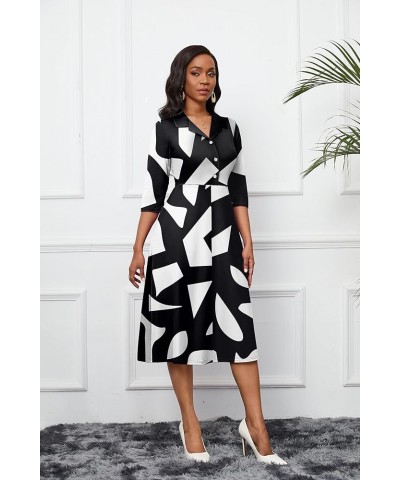 Women's Dress 3/4 Sleeves V Neck Cocktail Party Midi Dress High Waisted 2024 Formal Dress with Pocket White Dot $21.60 Dresses