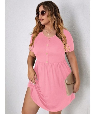 Women's Plus Size Button Front Short Sleeve Scoop Neck High Waist A Line Dress Solid Pink $19.37 Dresses