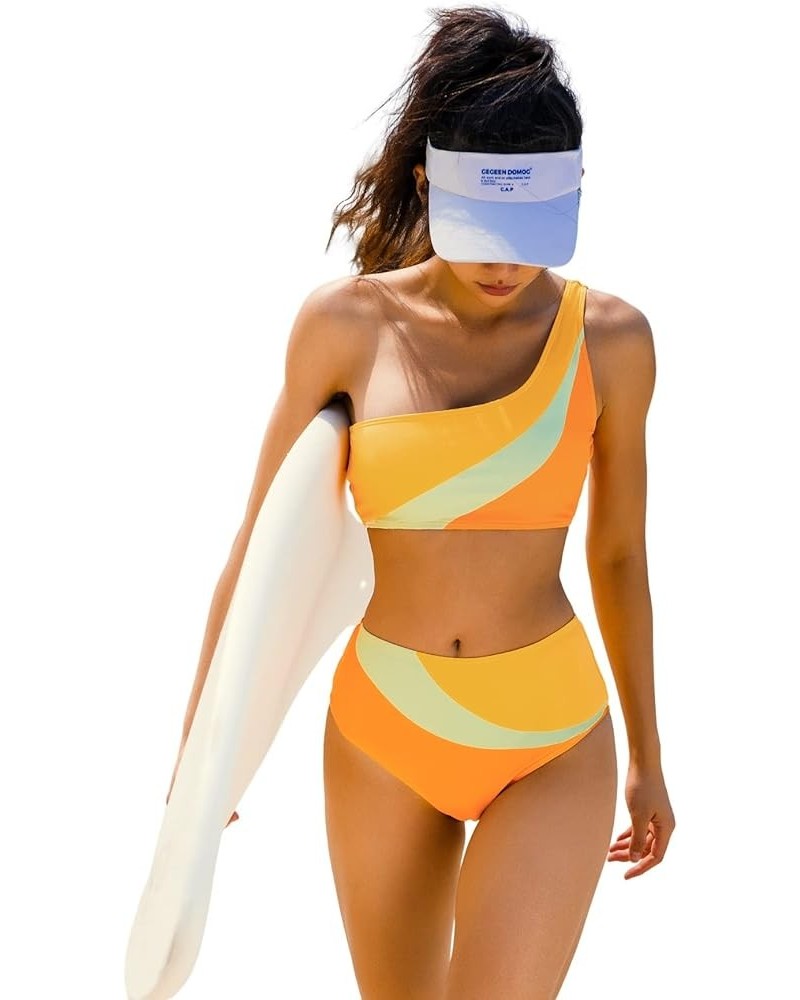 Women's Color Block One Shoulder Bikini Swimsuit Two Piece High Waist Bathing Suit Multicolor $10.25 Swimsuits