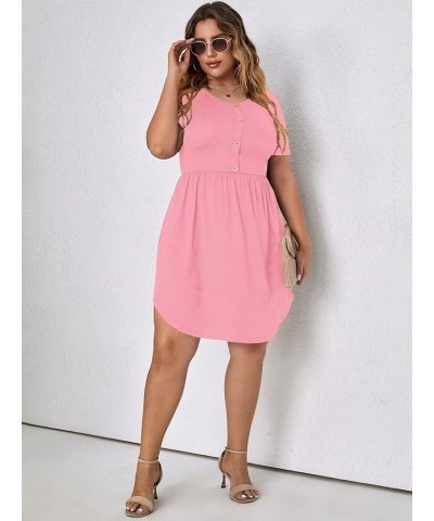 Women's Plus Size Button Front Short Sleeve Scoop Neck High Waist A Line Dress Solid Pink $19.37 Dresses