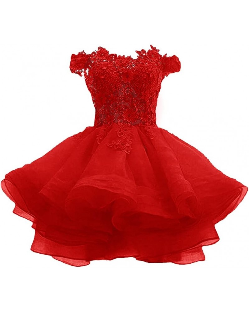 Women's Off The Shoulder Organza Short Prom Dress Lace Applique Junior Formal Cocktail Party Gown Red-lace Up Back $35.69 Dre...