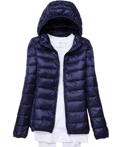 Women's Hooded Down Puffer Jacket Lightweight Duck Down Quilted Jacket Dark Blue $18.68 Jackets