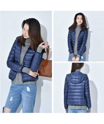 Women's Hooded Down Puffer Jacket Lightweight Duck Down Quilted Jacket Dark Blue $18.68 Jackets