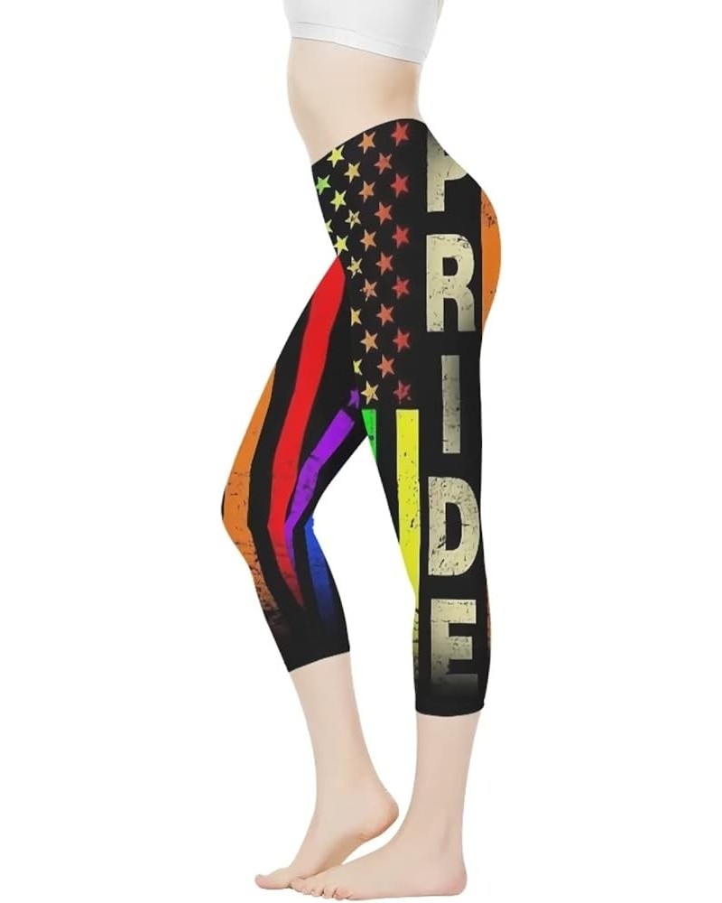 Women Yoga Leggings Capri Pants High Waist Tummy Control Stretch Trousers for Workout Sports Rainbow Usa Flag Pride $10.50 Le...