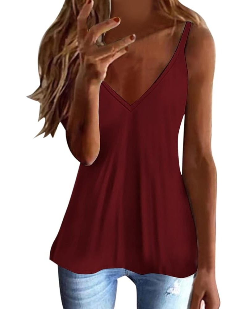 Women Tops V Neck Crochet Lace Strap Tank Top Sleeveless Floral Print Flared Hem Vest Summer Sexy T A-wine $9.91 Tanks