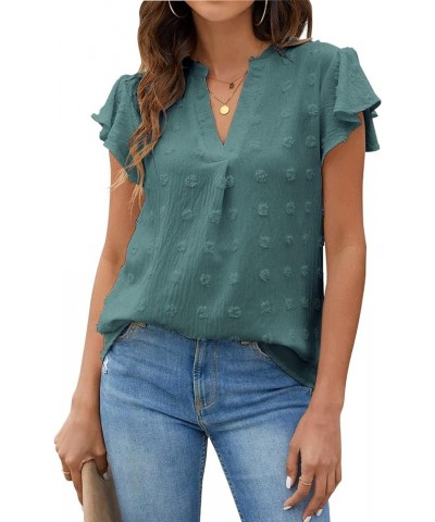 Womens White Blouse V Neck Ruffle Sleeve Flowy Shirts Dressy Casual Cute Summer Tops Dark Green $15.18 Blouses