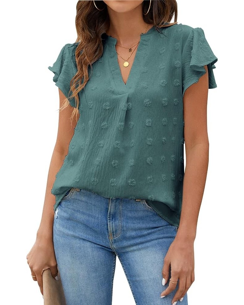 Womens White Blouse V Neck Ruffle Sleeve Flowy Shirts Dressy Casual Cute Summer Tops Dark Green $15.18 Blouses