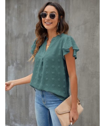 Womens White Blouse V Neck Ruffle Sleeve Flowy Shirts Dressy Casual Cute Summer Tops Dark Green $15.18 Blouses