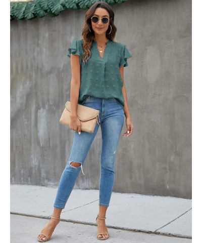 Womens White Blouse V Neck Ruffle Sleeve Flowy Shirts Dressy Casual Cute Summer Tops Dark Green $15.18 Blouses