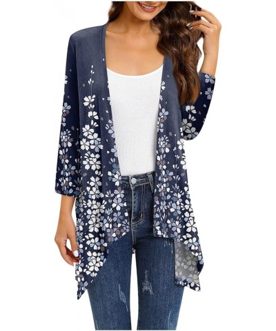 Long Cardigan Irregular Hem Women's Casual 3/4 Sleeve Shirts Boho Flower Half Sleeves Jackets with Pocket S-5XL & Navy_09 $7....