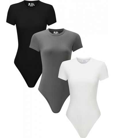 3 Piece Women's Round Neck Short Sleeve T Shirts Basic Tops Bodysuits Jumpsuit Black/White/Grey $10.59 Bodysuits