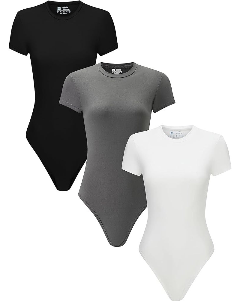 3 Piece Women's Round Neck Short Sleeve T Shirts Basic Tops Bodysuits Jumpsuit Black/White/Grey $10.59 Bodysuits