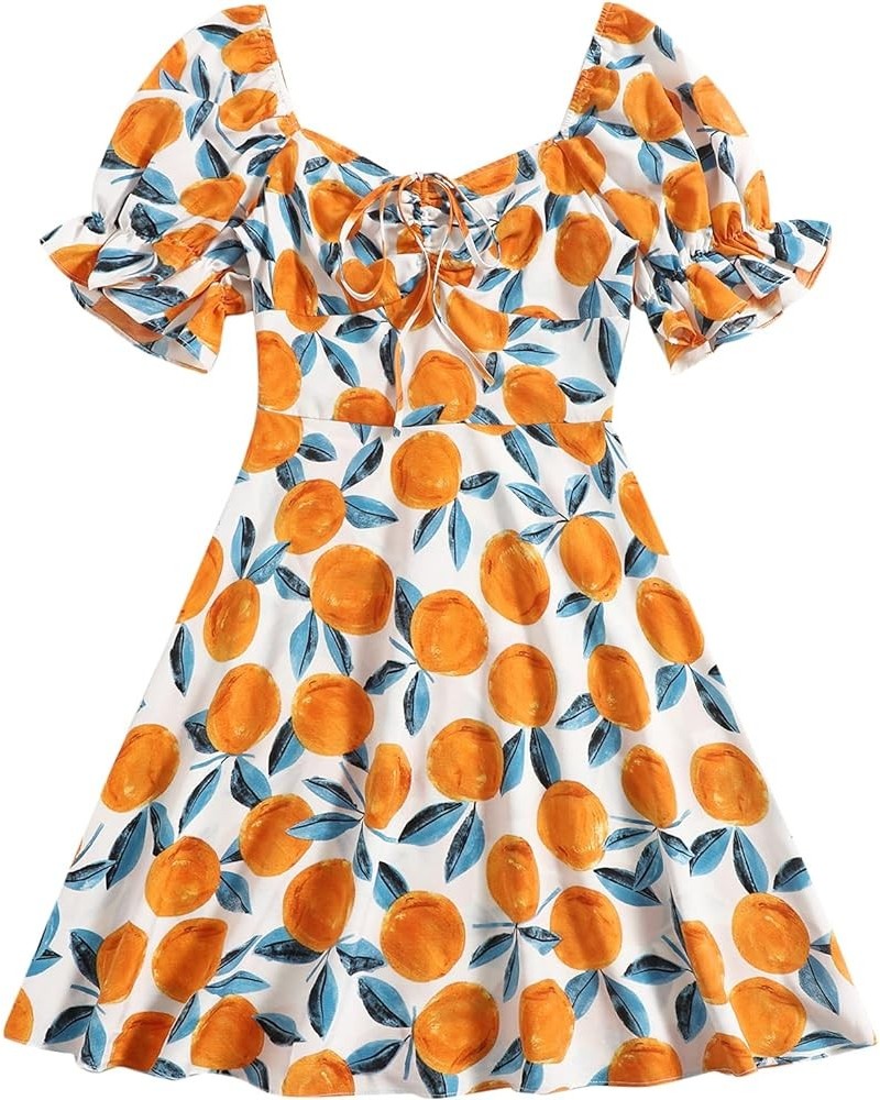 Women's Summer Drawstring Sweetheart Neck Puff Sleeve A Line Short Dress Orange/White/Blue $16.40 Dresses