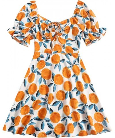 Women's Summer Drawstring Sweetheart Neck Puff Sleeve A Line Short Dress Orange/White/Blue $16.40 Dresses