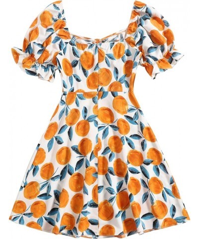 Women's Summer Drawstring Sweetheart Neck Puff Sleeve A Line Short Dress Orange/White/Blue $16.40 Dresses