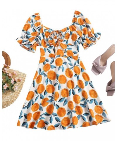 Women's Summer Drawstring Sweetheart Neck Puff Sleeve A Line Short Dress Orange/White/Blue $16.40 Dresses