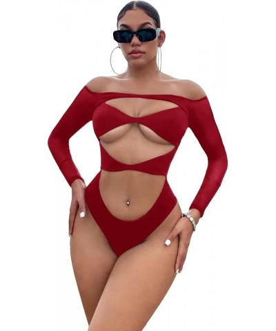 Women's Knitted Cut Out Beach Top Off Shoulder Long Sleeve Bodysuit Shirt Red Plain $13.16 Bodysuits