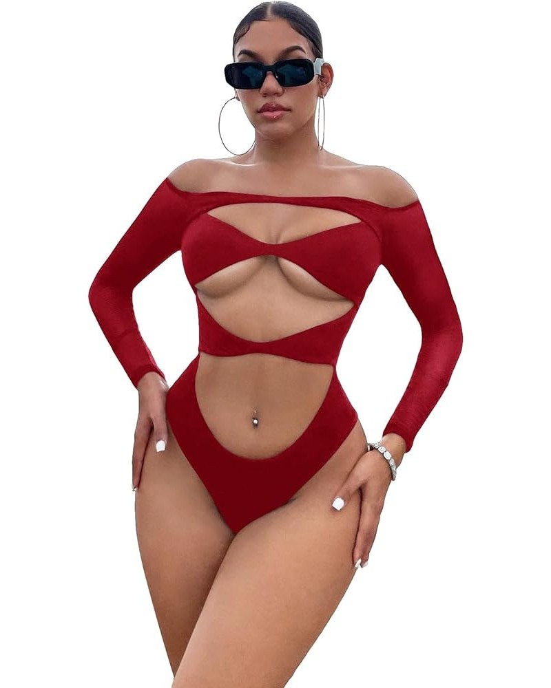 Women's Knitted Cut Out Beach Top Off Shoulder Long Sleeve Bodysuit Shirt Red Plain $13.16 Bodysuits