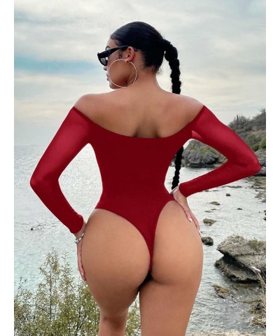 Women's Knitted Cut Out Beach Top Off Shoulder Long Sleeve Bodysuit Shirt Red Plain $13.16 Bodysuits