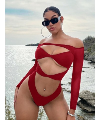 Women's Knitted Cut Out Beach Top Off Shoulder Long Sleeve Bodysuit Shirt Red Plain $13.16 Bodysuits