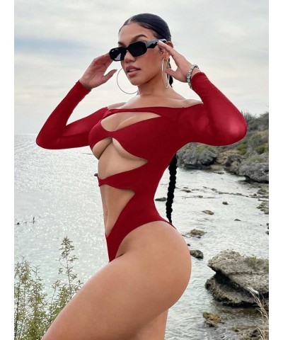 Women's Knitted Cut Out Beach Top Off Shoulder Long Sleeve Bodysuit Shirt Red Plain $13.16 Bodysuits