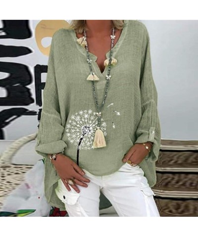 Womens Linen Shirts Long Sleeves V Neck Casual T Shirt Oversized Lightweight Spring Fashion 2024 Workout Tops C-print2-green ...