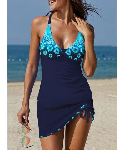 One Piece Tankini Bathing Suits for Women Tummy Control Swimsuits Sexy Deep V Neck Print Drawstring Skirt Swimwear D New Blue...